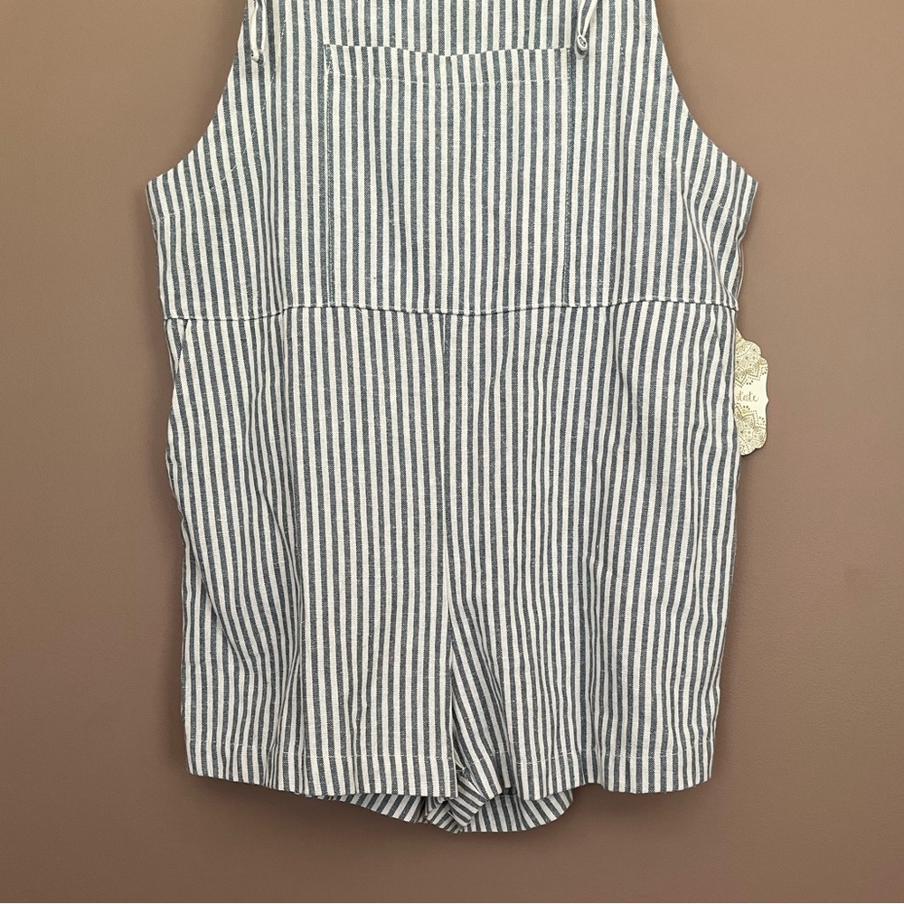 {Altar'd State} Striped Linen Blend Shortalls Romper in Blue & White - Small - Picture 3 of 10